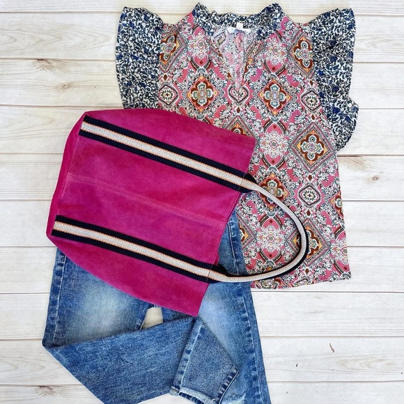 Melody Suede Leather Tote in Fuschia - Picture 3 of 16